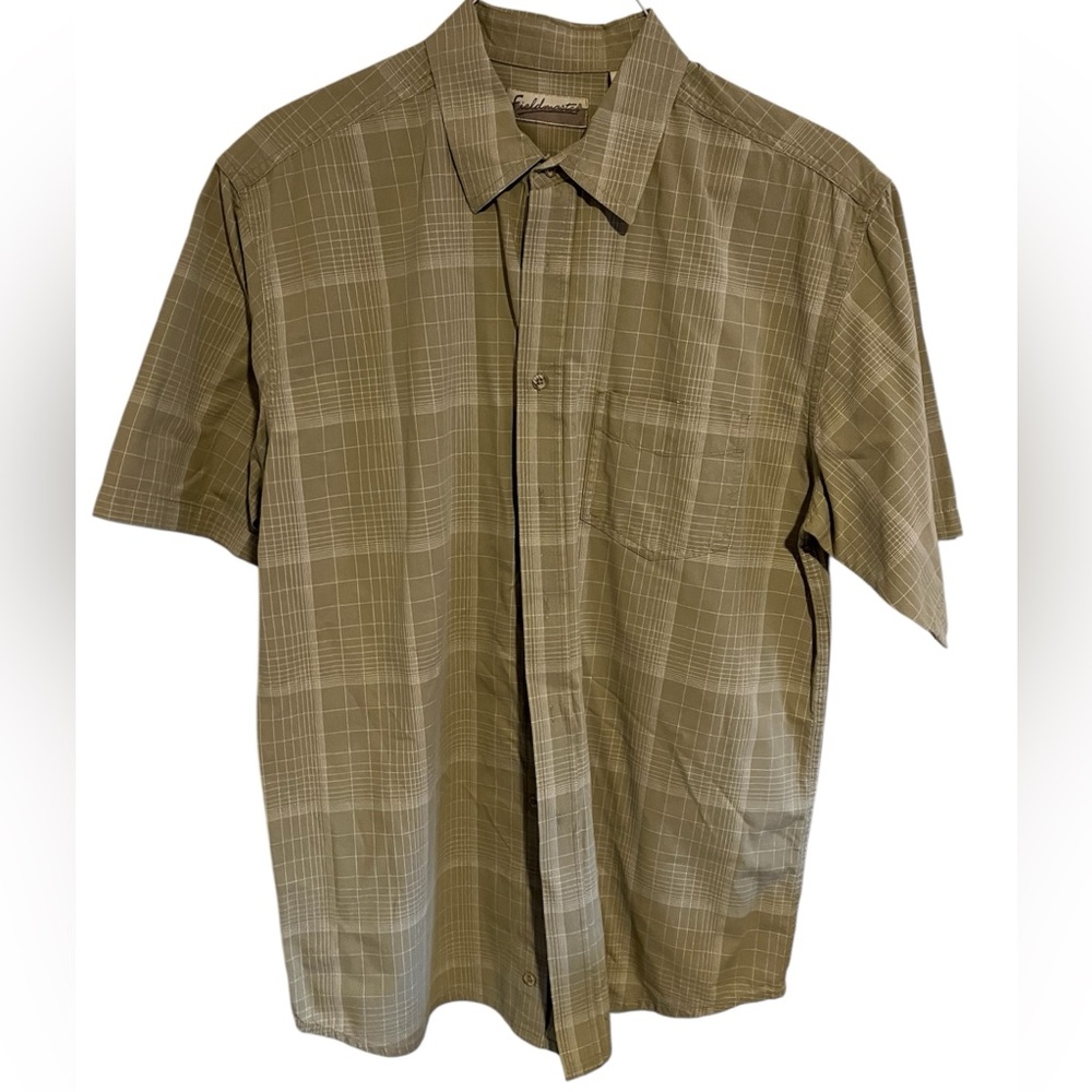 Fieldmaster Beige Plaid Button Shirt Size Large Short Sleeve 100% Cotton